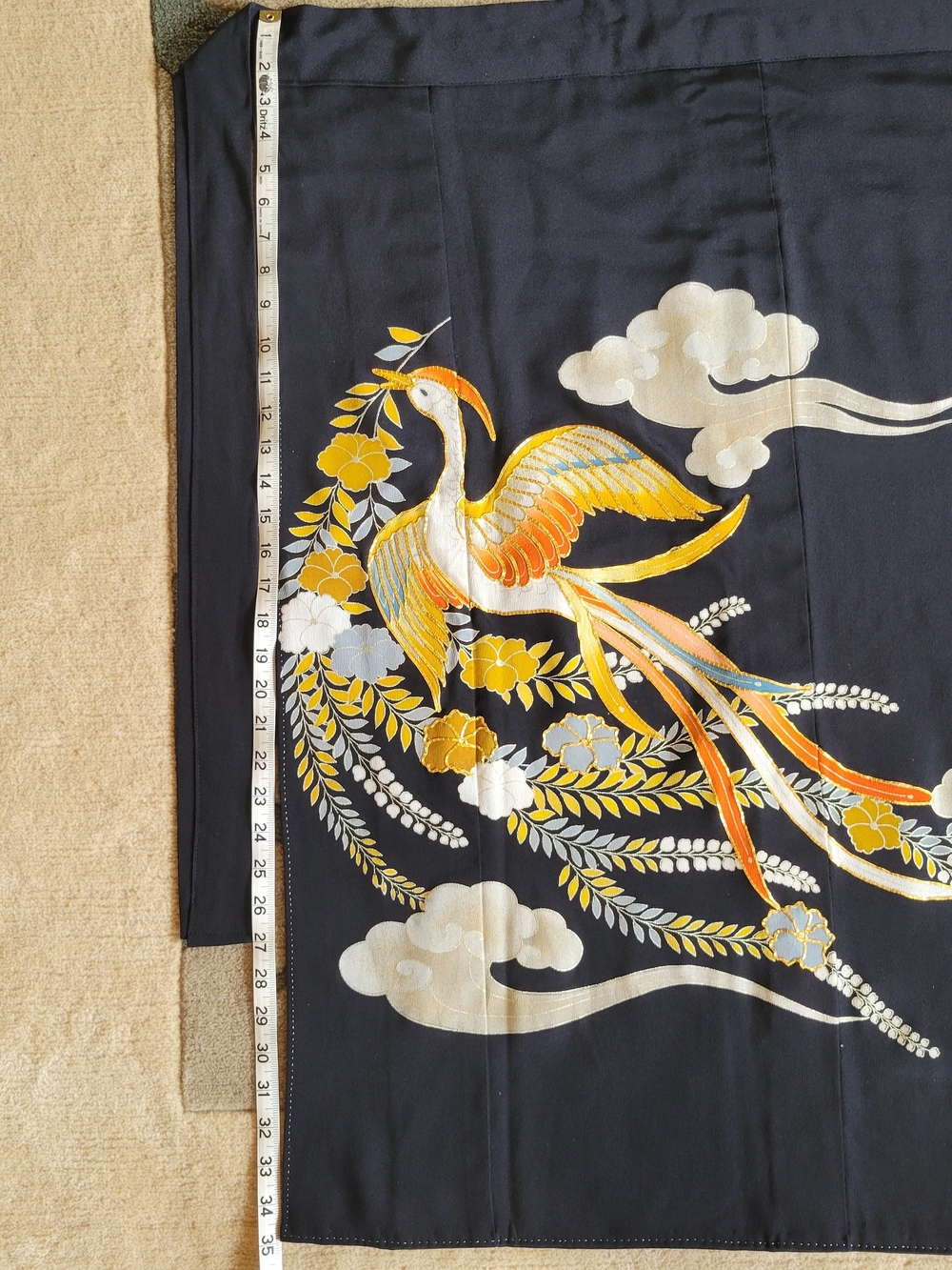 Hand Crafted Black Swim Sarong with Gold, Orange & Cream Crane Motif - Picture 6 of 7